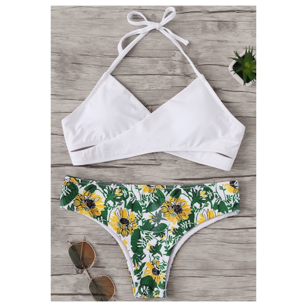 White Halter Bikini Top with Yellow Floral Bikini Bottom - Women Swim Bikini